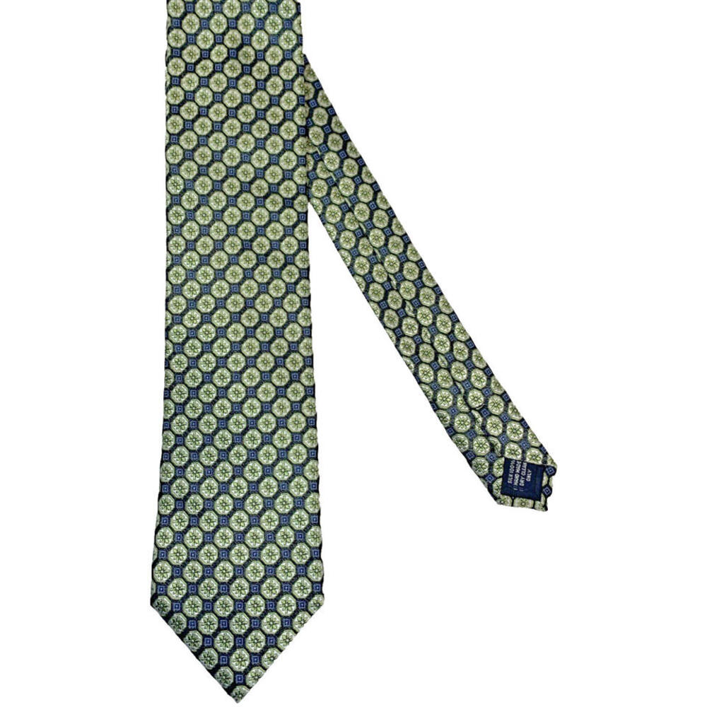 Bocara Tie 100% Silk Handmade Black  Abstract Silver Propeller Blue Squares 3"